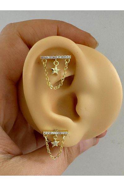 Arescollection 1 Piece Zircon Stone - Chained Flat Helix Lobe Cartilage Thinning Piercing Earrings