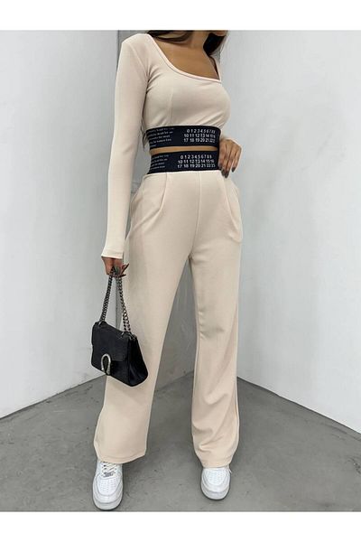 Fav Style Beige Women's Long Sleeve Crop Blouse and Wide Leg Pants Set with Pockets - Pleated and Beli Band Detail