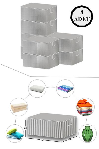 ADARYA HOME 8 Pieces Gray Striped Base Type Storage Bag - Large Size Storage 65X45X22 cm