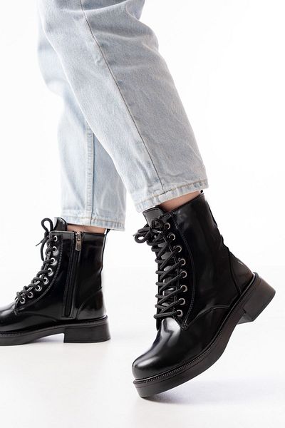 Moda Asmira 02-356 Black Patent Leather Flat Heeled Lace up Zippered Daily Women's Boots