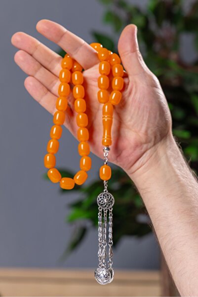 TESBİHKENTİ 3'Lü Püskül Tasarımlı Büyük Boy Turuncu Toz Kehribar Tesbih