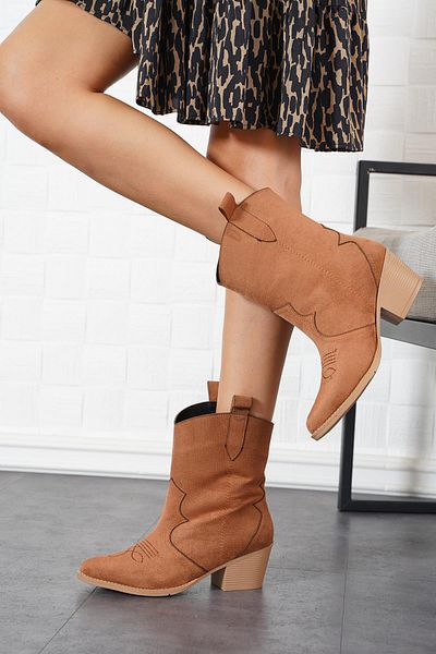 Moda Pie Γυναικείες μπότες με τακούνι Tan Suede Beylis Western με ραμμένο μπροστινό μέρος