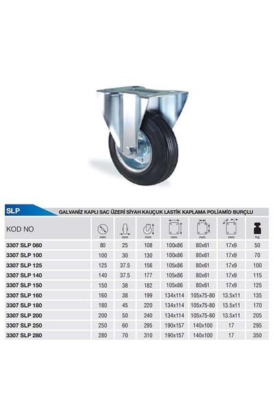 Kama Ø150 Rubber Fixed Wheel with Flange Connection 125 Kg. Capacity Bushed