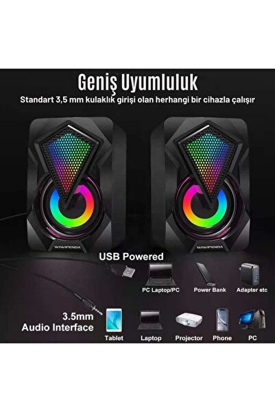 Zineets Bilgisayar Hoparlörü Rgb Led Işıklı Gaming Oyuncu Hoparlörü 3.5mm Jack Usb Speaker 1+1 Ses Sistemi