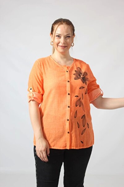 Moda Berray 3293 Turuncu Çiçek Baskılı Organik Keten Kumaş Mevsimlik Gömlek
