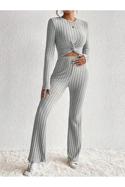 Wild Flower Gray Long Sleeve Round Neck High Waist Front Twist Bottom Top Set