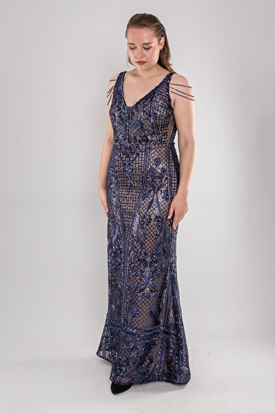 RENK 4776-2 Büyük Beden Kalın Askılı Pulpayet Püsküllü Uzun Elbise