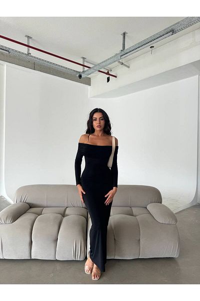 WOST Women's Black Slit Sandy Fabric Dress Wedding Engagement Graduation Dress