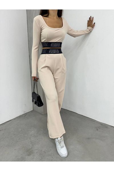 Fav Style Beige Women's Long Sleeve Crop Blouse and Wide Leg Pants Set with Pockets - Pleated and Beli Band Detail