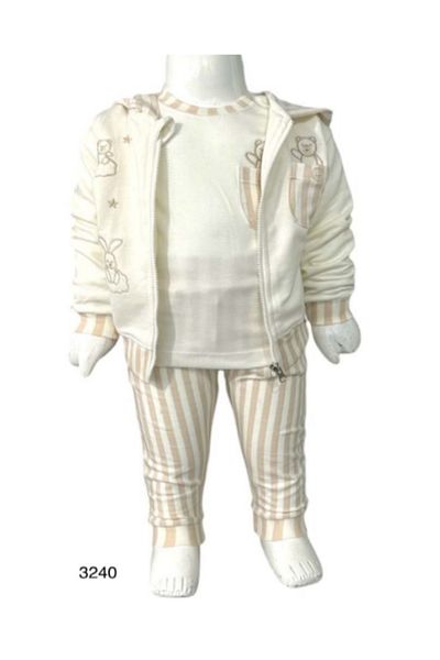 Aziz Bebe Beige Cloud Patterned Baby Top and Bottom 3-Piece Cardigan Set Size 3 Months - 36 Months