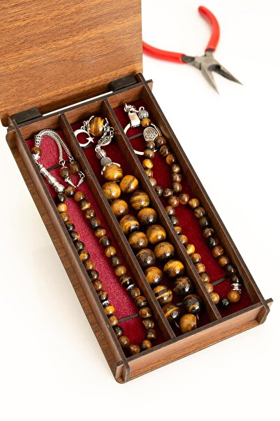 TESBİHKENTİ Ahşap Kutuda Kaplan Gözü Seti Tesbih - Bileklik - Anahtarlık