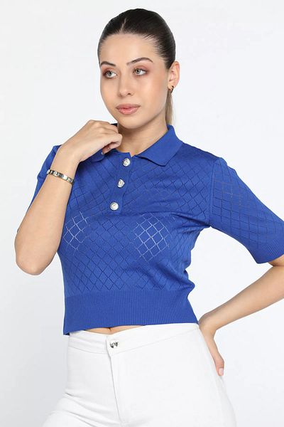 GÜLSELİ Γυναικεία πλεκτή μπλούζα Lycra με λαιμόκοψη Sax Blue με μοτίβο μπροστά με κουμπί