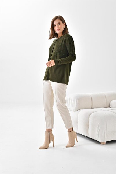 FTZ WOMEN كارديجان نسائي مفصل باللؤلؤ باللون الكاكي 20048