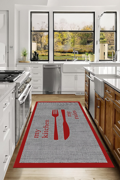 Napoli Home Dijital Baskı Çatal Bıçak Motifli Yıkanabilir Kaymaz Taban Yolluk Salon Mutfak Halısı