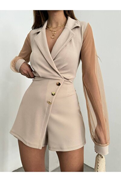 Fav Style Μπεζ γυναικεία ολόσωμη φόρμα - διπλό γιακά, μακρύ τούλι μανίκι, σορτς με κουμπιά