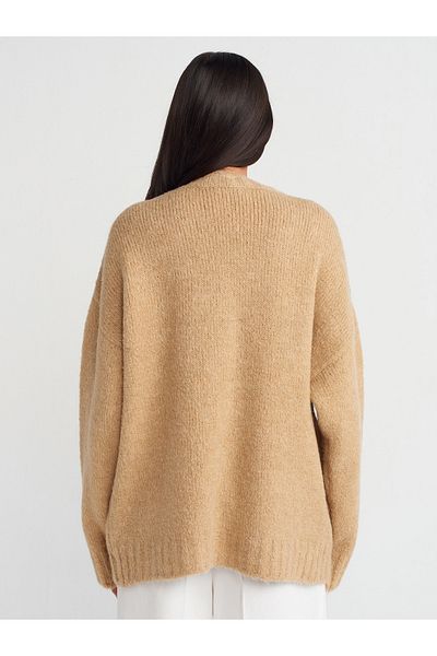 Dilvin 60258 Model Soft Textured V-Neck Knitwear Cardigan - Dark Beige