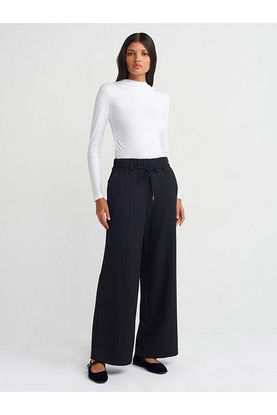Dilvin 71546 Model - Black Wide Leg Trousers with Elastic Waist