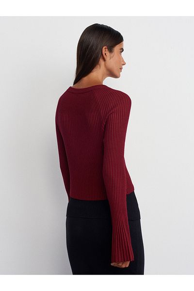 Dilvin 60246 Crew Neck Buttoned Spanish Sleeve Knitwear Cardigan-Burgundy