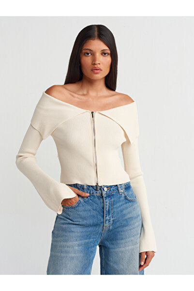 Dilvin 60252 Zippered Ribbed Knitwear Top-A.Natural