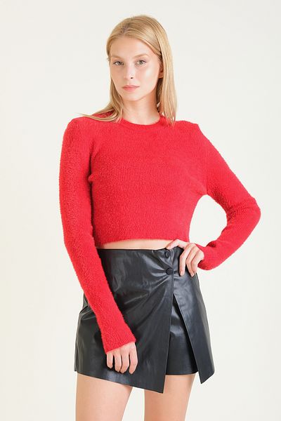 Giyim Dünyası Red Women's Crop Sweater - Zero Collar and Feather Design