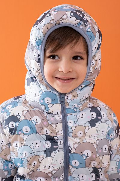 Cansın Mini Boy's Hooded Puffer Jacket Blue Teddy Bear Pattern - 1-5 Years 19492