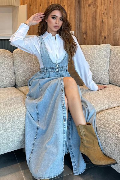 GÜLSELİ Sarafan de damă albastru gheață din denim