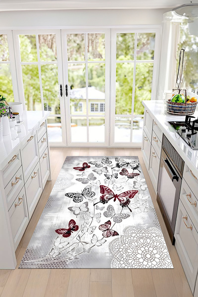 Napoli Home Dijital Baskılı Kelebek Desenli Yıkanabilir Kaymaz Taban Yolluk S...