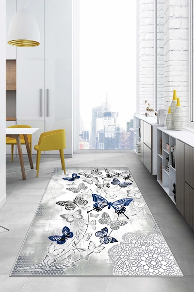 Napoli Home Dijital Baskılı Kelebek Desenli Yıkanabilir Kaymaz Taban Yolluk Salon Mutfak Halısı