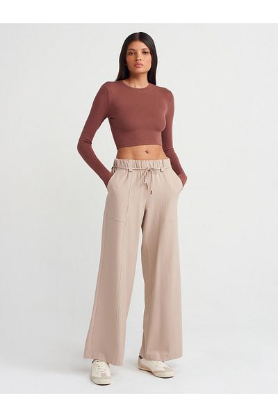 Dilvin 71546 Stone Colored Wide Leg Trousers with Elastic Waist