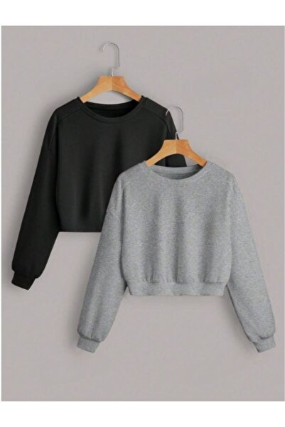 MOONBULL Kadın 2'li Bisiklet Yaka Crop Sweatshirt