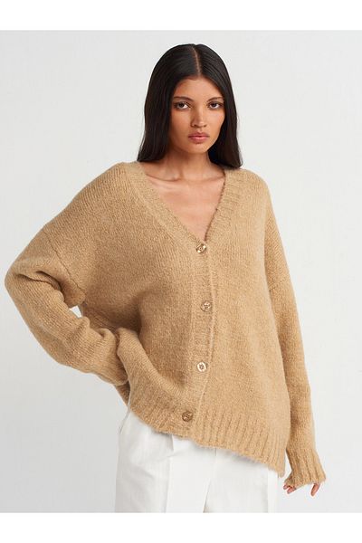 Dilvin 60258 Model Soft Textured V-Neck Knitwear Cardigan - Dark Beige