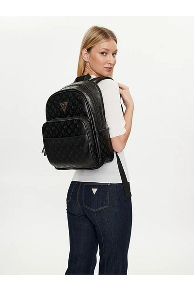 Guess Black Leather Backpack - Zipper and Compartment, Women's Brand Logo Twd745 29900-Bla