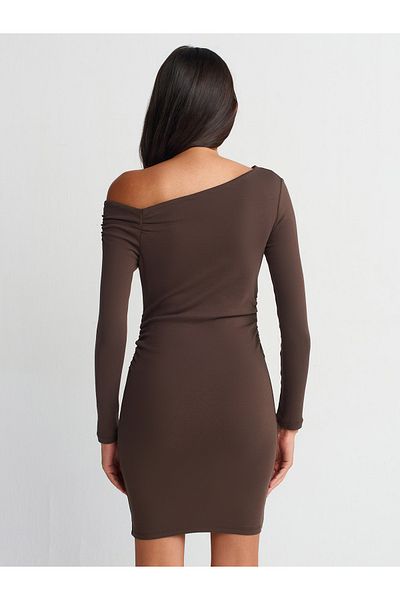Dilvin 90848 Rochie mini asimetrică maro închis