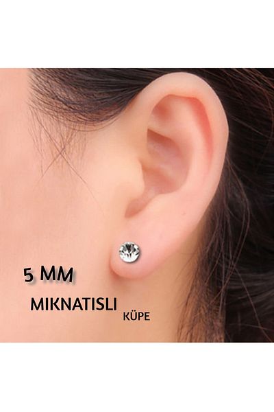 Sermet Süs Dünyası Fine White Zircon Stone Earrings with 5 mm Magnet - Double Nose Ear and Lip Speed Magnetic Steel