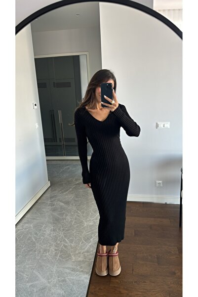 sinemkivanc co ZR Model Siyah Arkadan Bağlama Detaylı Triko Elbise