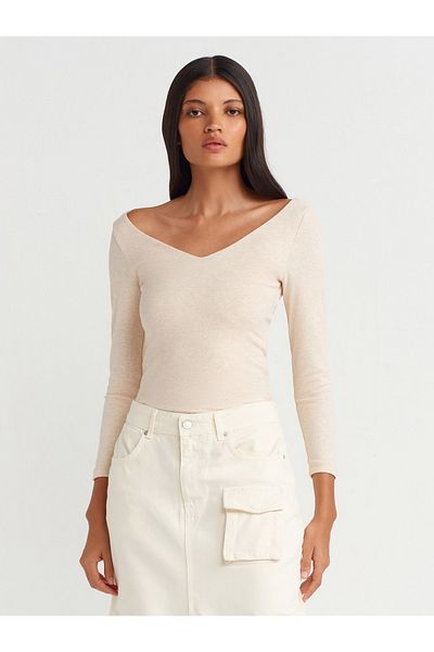 Dilvin 31206 Μοντέλο V-Neck Beige Melange Top