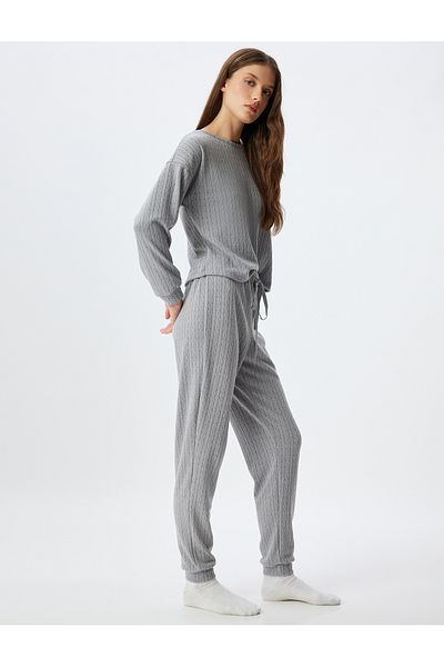 Koton Knitted Jogger Pajamas Comfortable Fit with Elastic Waist and Tie
