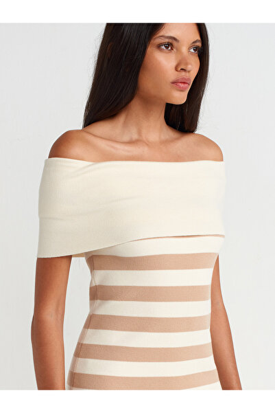 Dilvin 90232 Cream-Red Beige Striped Bardot Collar Knitwear Dress