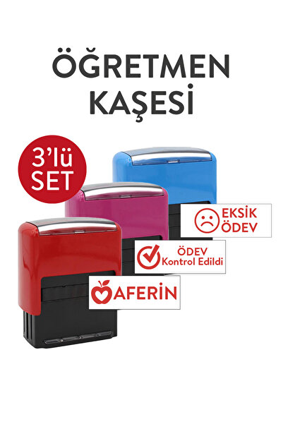 M MÜHÜRCE Öğretmen Kaşesi 3'lü Set - Aferin, Eksik Ödev, Ödev Kontrol Edildi