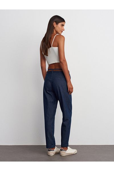 Dilvin 71724 Double Leg Belted Denim Trousers-Navy Blue