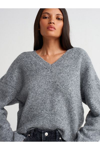 Dilvin 10645 V-Neck Smoked Knitwear Sweater - Soft Texture M.