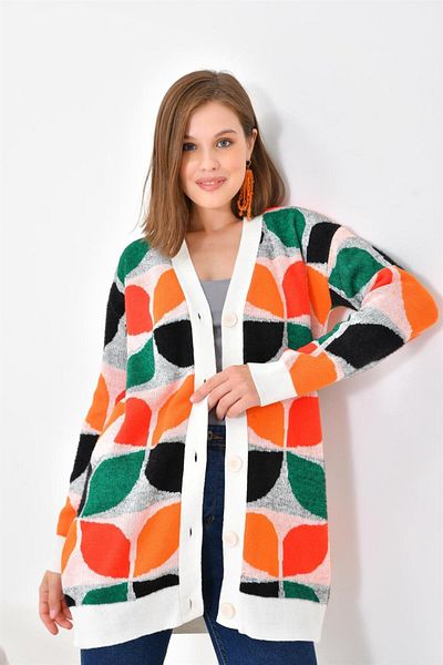 FTZ WOMEN Women's Leaf Patterned Buttoned Cardigan Ecru 20497