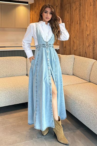 GÜLSELİ Sarafan de damă albastru gheață din denim