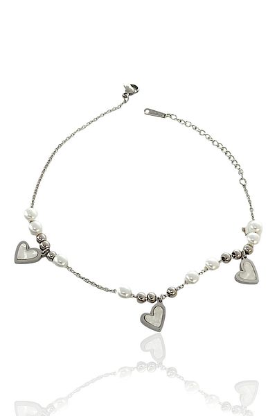Çlk Accessories Pearl and Heart Patterned 2 Row Steel Anklet