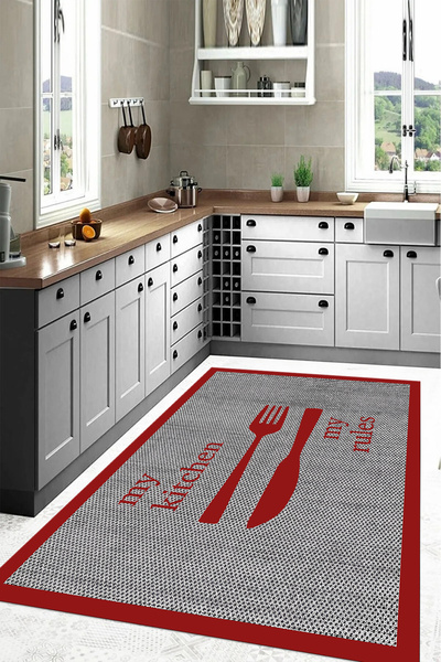 Napoli Home Dijital Baskı Çatal Bıçak Motifli Yıkanabilir Kaymaz Taban Yolluk Salon Mutfak Halısı