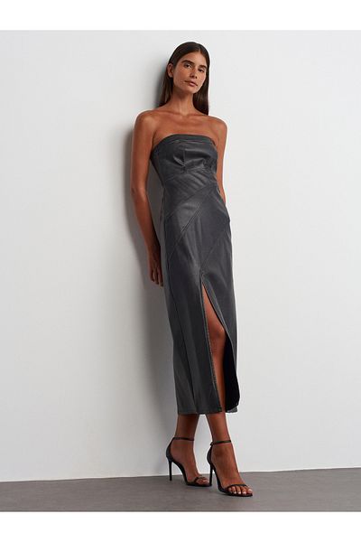 Dilvin 90813 Stitching Detailed Strapless Faux Leather Dress-Black-Grey