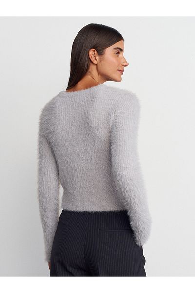 Dilvin 10659 Crew Neck Soft Textured Shiny Knitwear Sweater-Grey