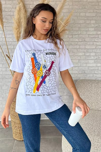 GÜLSELİ Λευκό φαρδύ γυναικείο μπλουζάκι με τυπωμένο κείμενο και εικόνα