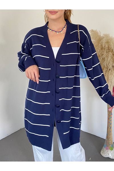 Modamorfo Long Knitwear Cardigan - Button and Dark Blue