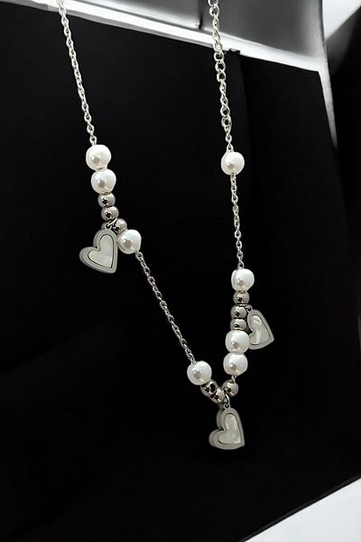 Çlk Accessories Pearl and Heart Patterned 2 Row Steel Anklet